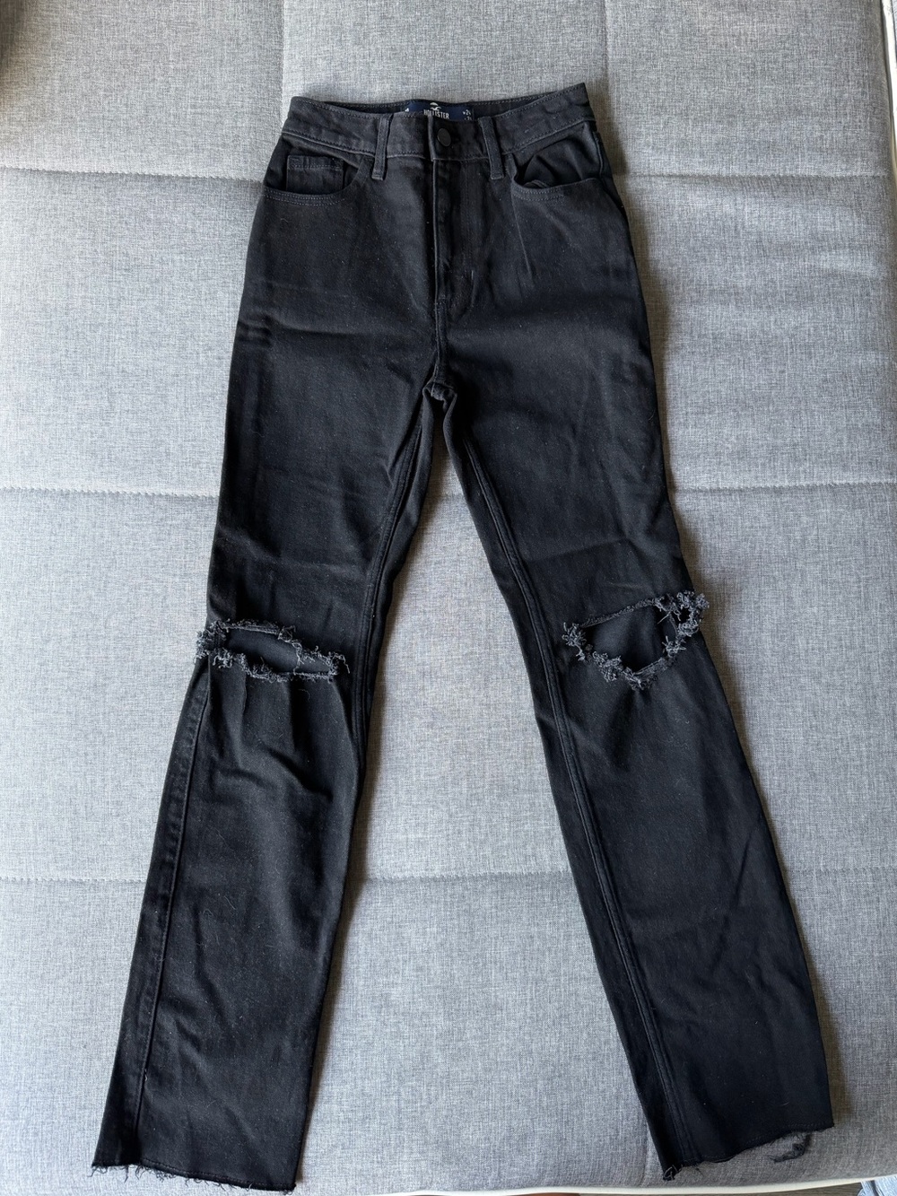 Hollister Black High-Rise Straight Jeans with Knee Rips